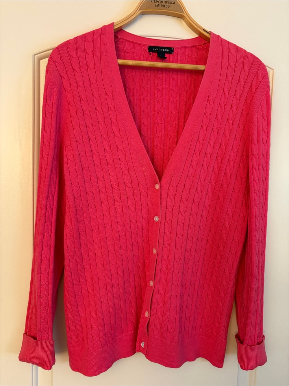 Lands' End Bright Pink Cable-Knit V-Neck Cardigan